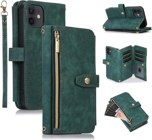 Miniatura 28 de UEEBAI Funda tipo cartera para iPhone 12 Mini de 5.4 pulgadas, retro 9 ranuras para tarjetero, bolsillo con cremallera, cierre magnético, función