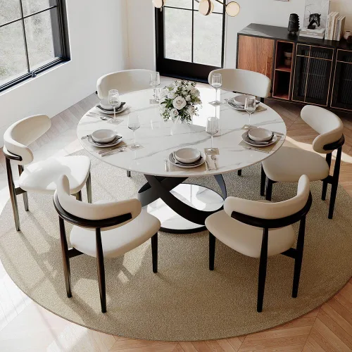 Miniatura 20 de POVISON Juego de 4 sillas de comedor redondas de lino y algodón con mesa de comedor de vidrio (mesa de comedor de 51 pulgadas + 4 sillas)