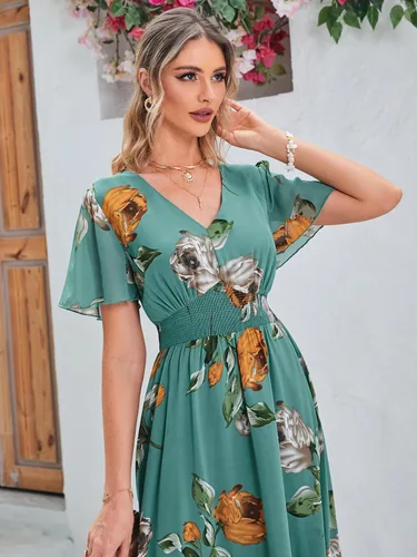 Miniatura 7 de Simplee Vestido largo de playa para mujer con cuello en V y manga corta, diseño bohemio floral, casual, para invitadas de boda y fiestas