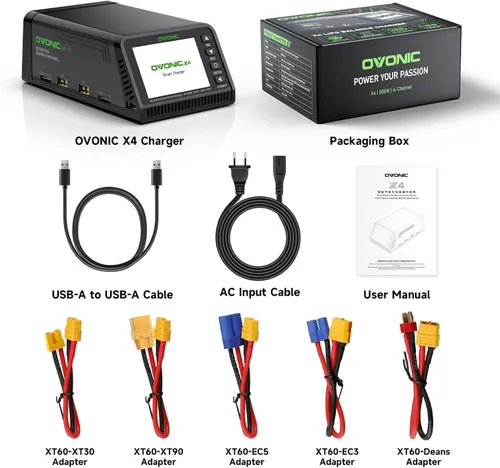 Miniatura 6 de OVONIC Cargador de equilibrio X4 LiPo AC 500W 4 canales Auto Power Asignación, 15A por canal, LiPo/Li-Ion/LiHV/Life 1-6S, NiMH 3-18S, protecciones