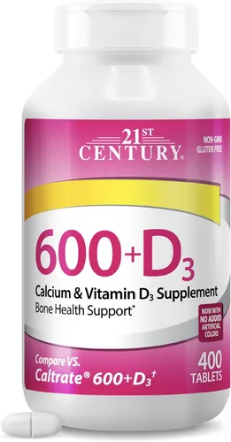 21st Century Tableta de suplemento de calcio Plus D, 600 mg, 400 unidades