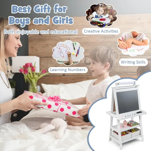 Miniatura 8 de Costzon Caballete de arte para niños, caballete de pintura de doble cara 3 en 1 con pizarra blanca magnética, pizarra y rollo de papel, estante