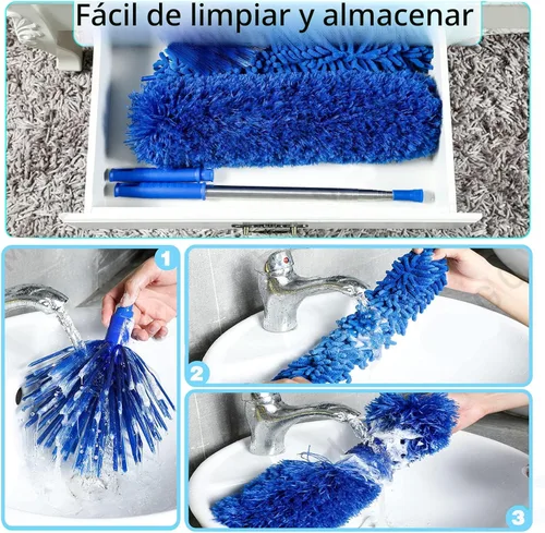 Miniatura 6 de ZZ LAZYCOTTAGE Plumero de microfibra con 2 juegos de asas, varilla telescópica duradera de 15 a 98.1 pulgadas de largo, lavable, plumeros para Azul