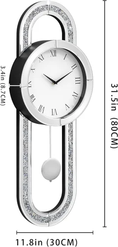 Miniatura 4 de SHYFOY Reloj de pared decorativo, reloj de péndulo con espejo de 31.5 pulgadas, reloj de pared grande silencioso de lujo con diamante triturado