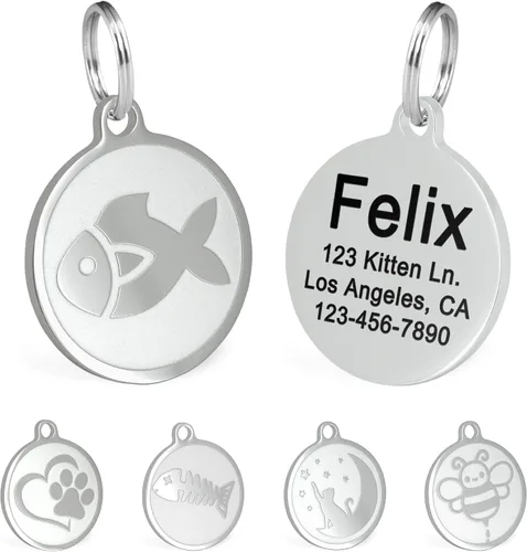 Miniatura 14 de Ultra Joys Etiquetas de nombre de gato grabadas personalizadas – Etiqueta de identificación de mascotas de acero inoxidable – Etiquetas