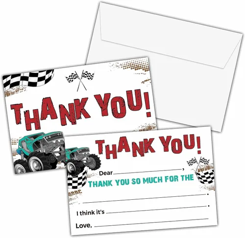 Tarjetas de agradecimiento de camiones monstruo, tarjeta de agradecimiento con espacio para rellenar con temática de Monster Jam, notas de