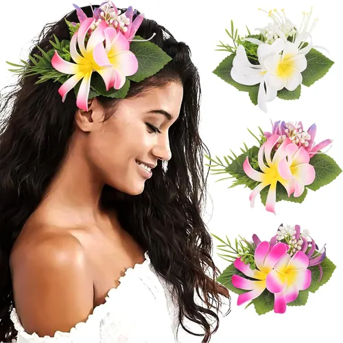 Miniatura 11 de HAIMEIKANG - Pinza para el pelo, 3 piezas de horquillas de flores hawaianas - Accesorios de cabello con flores tropicales artificiales para mujeres