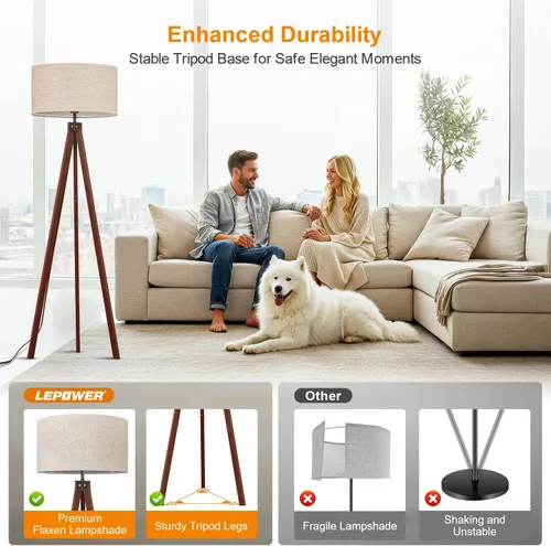 Miniatura 7 de LEPOWER Lámpara de pie trípode de madera, lámpara de pie de mediados de siglo, luz de estudio de diseño moderno para sala de estar, dormitorio, sala