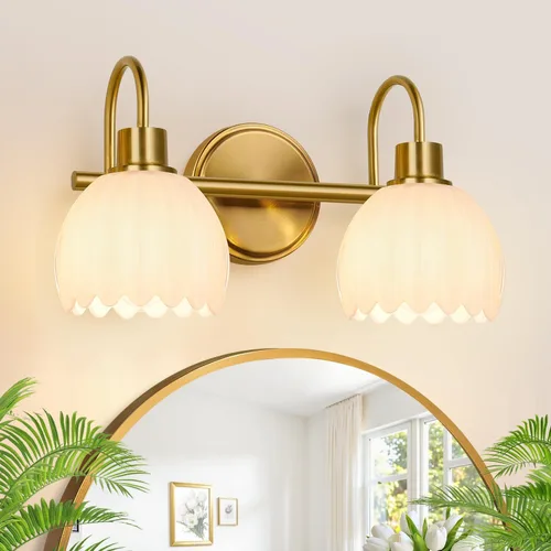 Miniatura 22 de Juego de 2 lámparas de tocador de baño en oro cepillado, lámpara de pared de cabeza única con pantalla de vidrio verde acanalado