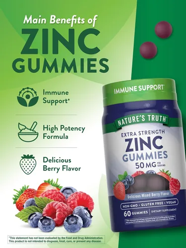 Miniatura 5 de Nature's Truth Gomitas de zinc para adultos 50 mg 60 unidades Suplemento extra fuerte vegano, sin OMG y sin gluten Sabor mixto de bayas