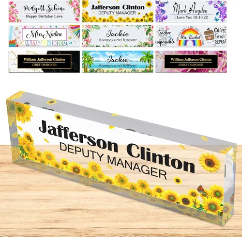Miniatura 13 de Placa de nombre personalizada para escritorio, placas de nombre personalizadas para hombres y mujeres, diseño de girasol con logotipo de negocios