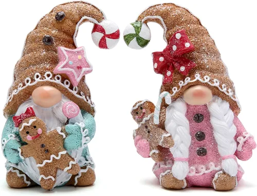 Miniatura 5 de Hodao Figuras de resina de gnomos de Navidad con sombreros rojos y diseño de copo de nieve, bonita estatua coleccionable para decoración de mesa