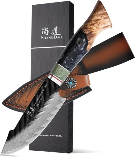 SHANGDAO Cuchillo Utilitario de Damasco de 4.8 Pulgadas, Cuchillo para Frutas con Funda de Cuero, 67 Capas de Acero de Aleación para Pelar, Mango de
