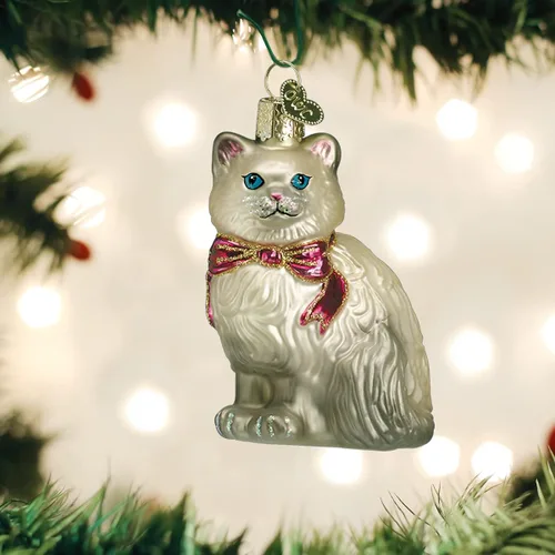 Miniatura 2 de Old World Christmas Adorno de cristal soplado de gatito del Himalaya gris para árbol de Navidad, decoración navideña artesanal, colección de gatos