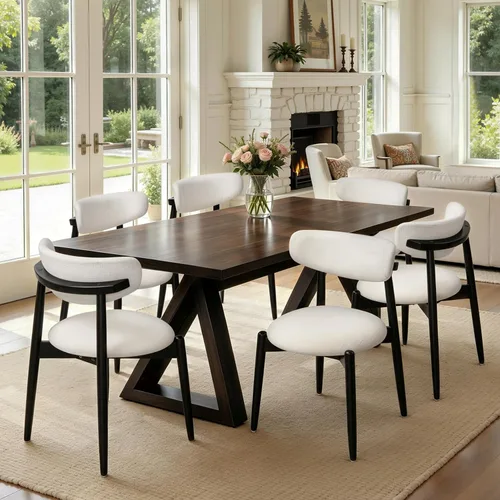 Miniatura 40 de CHUN YI Juego de 2 sillas de comedor tapizadas de madera maciza, sillas auxiliares de cocina de tela moderna de mediados de siglo con respaldo Beige