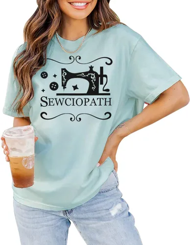 GLIGLITTR Camiseta de mujer para amantes de la costura con estampado de costura, divertida máquina de coser con cuello redondo, manga corta, casual