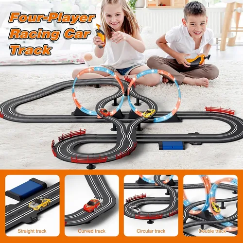 Miniatura 2 de Slot Car Race Track a escala 1:43 para niños, pistas LED eléctricas, doble carreras, 4 autos con faros, juguete grande, juego de pistas de regalo