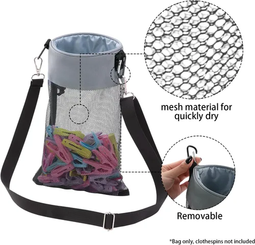Miniatura 4 de Bolsa de malla con ganchos para colgar ropa con cierre de cordón, soporte para pinzas para ropa, ventilación y resistencia a la humedad, organizador