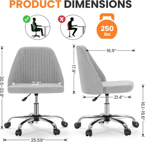 Miniatura 2 de Simple Deluxe Silla de escritorio de oficina sin brazos, moderna y bonita, silla giratoria cómoda, sillas de oficina en casa con ruedas, altura Gris