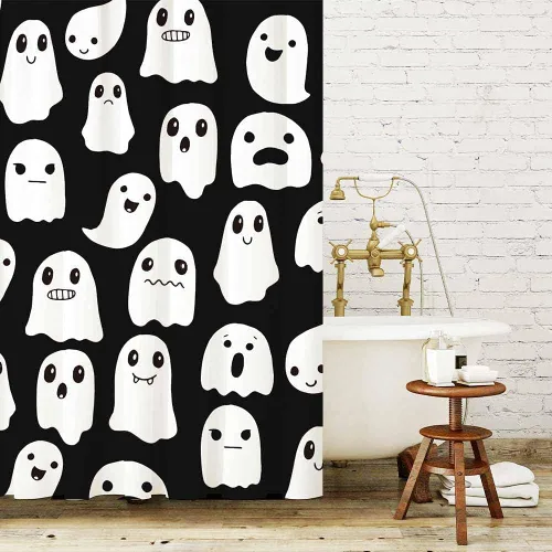 Miniatura 3 de Cortina de ducha fantasma de Halloween de 72 x 72 pulgadas, espeluznante y divertida, iconos de fantasmas de dibujos animados, tela blanca y negra, 1