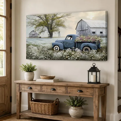 Miniatura 41 de Arte de pared con estampado de granero blanco de granja, granero y vaca, arte de pared con imágenes de granero blanco, cuadros rústicos de campo