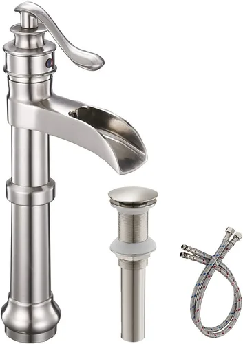 Miniatura 8 de Bathfiness - Grifos de baño de bronce aceitado cascada para fregadero de baño, 1 agujero, mango único con líneas de suministro de tapón de drenaje