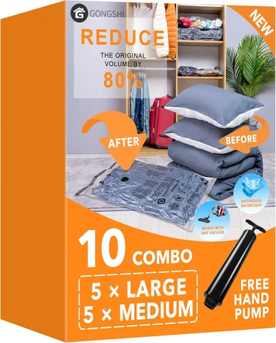 10 paquetes de bolsas de almacenamiento al vacío (5 x grandes, 5 x medianas), bolsas compresoras selladoras ahorradoras de espacio con bomba de mano