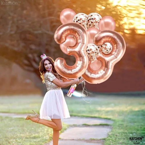 Miniatura 7 de KatchOn, Globos de oro rosa con el número 33, 40 pulgadas, decoraciones de cumpleaños número 33 para mujer, globo de cumpleaños 33 con globos