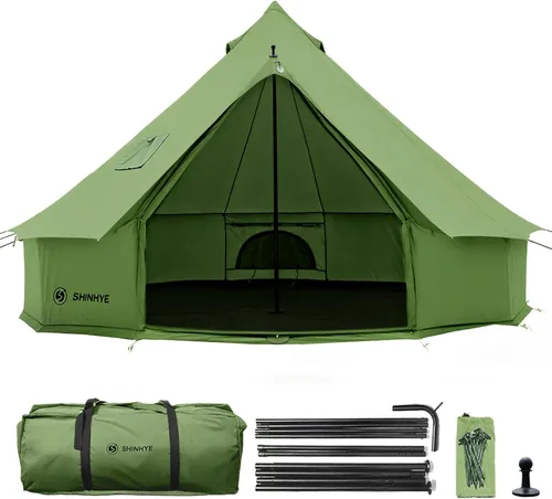 Miniatura 16 de Tienda de campaña Bell Yurt con gato de estufa, tienda de campaña de lujo impermeable para 4 estaciones, tela Oxford 420D, tiendas de campaña verde