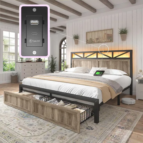 Miniatura 13 de EnHomee Marco de cama King de metal con 2 cajones de almacenamiento, cabecera de madera con iluminación LED y estación de carga, dormitorio, Negro