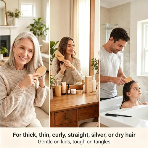 Miniatura 3 de Juego de cepillo y peine de cerdas de jabalí para mujeres, hombres y niños, el mejor cepillo de pelo de paleta de madera natural y cepillo