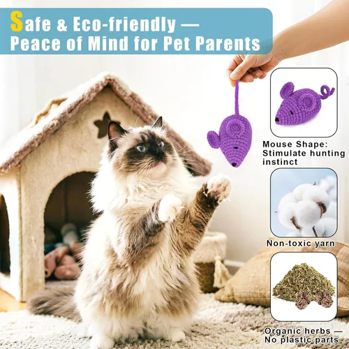 Miniatura 6 de Retro Shaw Juguetes de Hierba Gatera de Ganchillo Ratones para Gatos, 3 Piezas de Ratones de Hierba Gatera de Hilo para Animales, Juguete Seguro