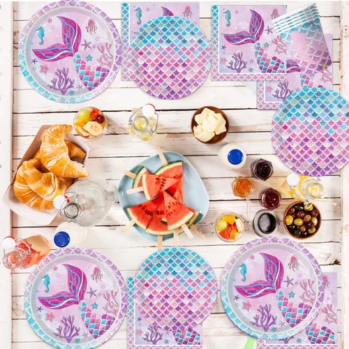 Miniatura 5 de Juego de 122 decoraciones para fiesta de cumpleaños de sirena, incluye platos, servilleta, tenedor, taza, mantel, pancarta para baby shower
