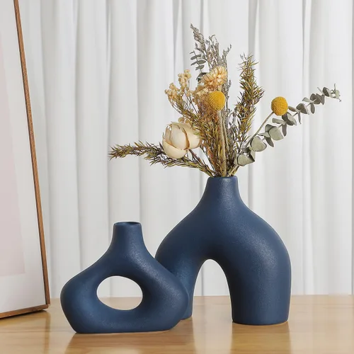 CEMABT Juego de 2 jarrones de cerámica azul para decoración bohemia minimalista moderna, jarrones redondos mate para hierba de las pampas, perfecto