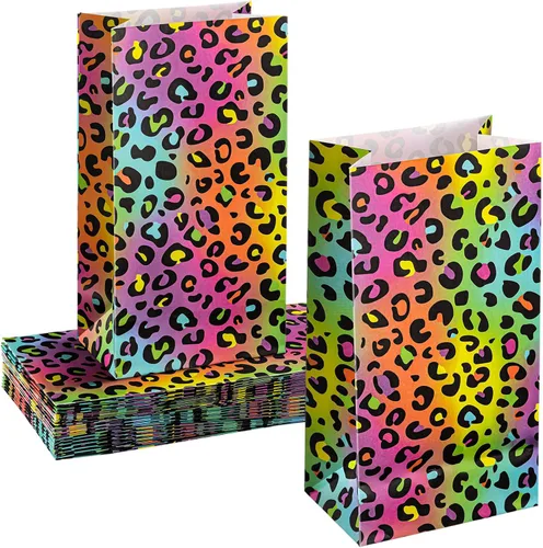 Leinuosen 24 bolsas de papel de leopardo arcoíris neón, guepardo, regalo de fiesta de cumpleaños, guepardo, bolsas de papel para regalo de leopardo,