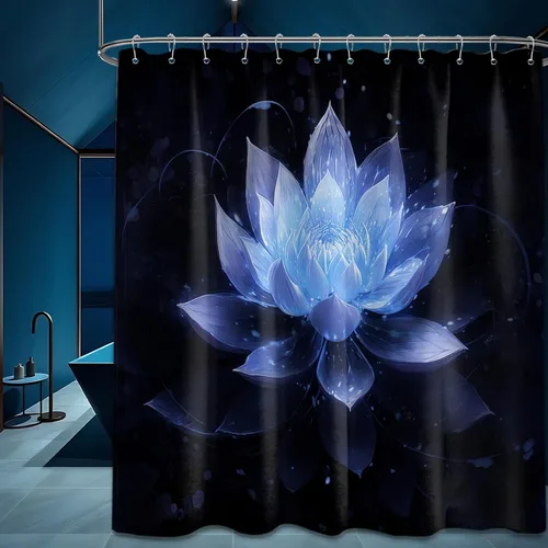 Miniatura 47 de Cortina de ducha con flores de loto negro y azul para decoración de baño, juego de cortinas decorativas de baño con estampado floral, tela