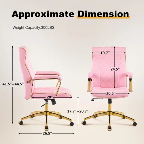 Miniatura 2 de Furniliving Silla de oficina rosa y dorada, sillas de oficina de cuero, silla de tocador ajustable con patas doradas y reposabrazos acolchado