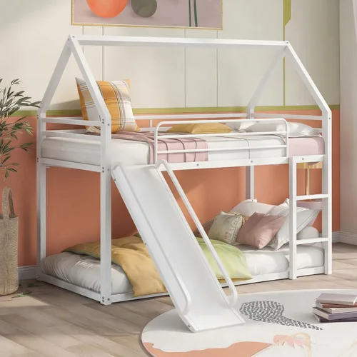 Miniatura 17 de Litera de cama individual sobre individual con tobogán, marco de cama en forma de casa con escalera, estructura de cama baja de servicio pesado