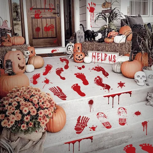 Miniatura 4 de Calcomanías de suelo con huella de mano sangrienta, calcomanías de pared de tamaño real, decoraciones de ventana de Halloween aterradoras
