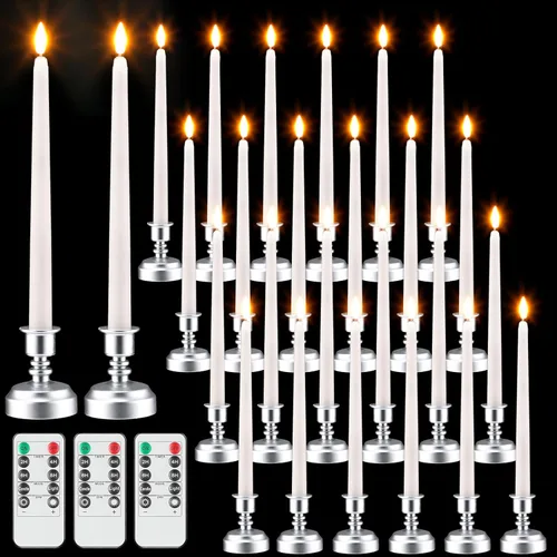 Fumete Paquete de 24 velas cónicas sin llama con control remoto y temporizador, velas LED parpadeantes realistas con llama 3D, ventana LED con base,