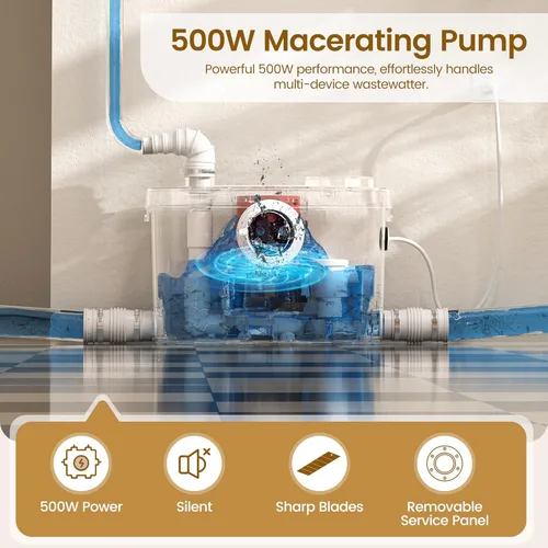 Miniatura 5 de SUPERFLO Sistema de Inodoro Macerador de 500W Upflush para Sótano con 4 Entradas de Agua para Baño y Garaje, Sistema de Bomba de Inodoros