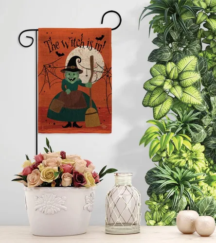 Miniatura 9 de Juego de banderas de Halloween con estacas de jardín, cartel de arpillera para puerta, soporte de pared, tumba, porche, tapiz al aire libre, bruja