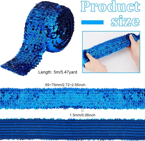 Miniatura 2 de FINGERINSPIRE Cinta elástica de lentejuelas azules de 5.5 yardas de ancho de 2.9 pulgadas de ancho, 8 filas, rollo de paillette con purpurina, cinta