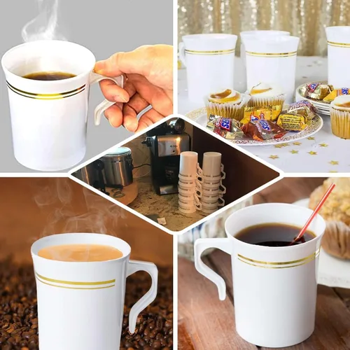 Miniatura 4 de Efavormart - Paquete de 8 tazas de café de plástico blanco de 8 onzas con borde dorado, tazas desechables de cacao caliente de la colección Tres