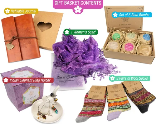 Miniatura 3 de Cesta de regalo para mujer El juego de regalo para mujer contiene 6 bombas de baño, 3 pares de calcetines, 1 diario de cuero, 1 soporte de anillo