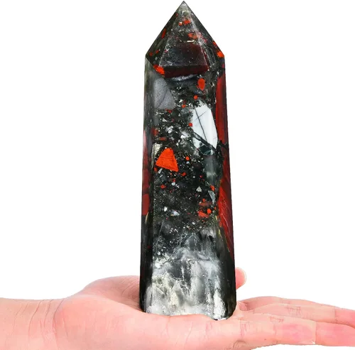 Miniatura 34 de AMOYSTONE Obelisco de Piedra de Sangre Africana Varita de Cristal Curativo Grande Torre Columna Facetada de 6 Lados Reiki Chakra Meditación Terapia