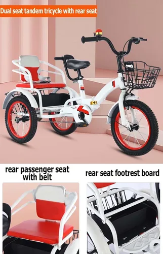 Miniatura 4 de Folding Kids trikes with Parent Handle,3-10 Years Tandem tricycles with Rear Passenger seat,Height Adjustable Saddle with armrest,3 Wheeler Pedal