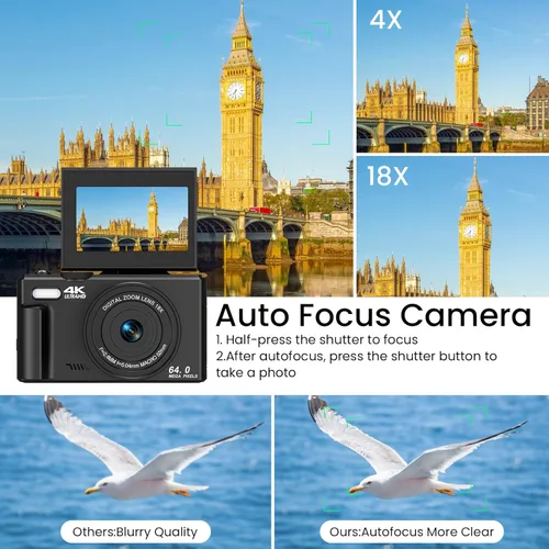 Miniatura 3 de Cámara digital 4K para fotografía, enfoque automático antivibraciones de 64 MP para YouTube, pantalla abatible de 180° de 3 pulgadas, cámara