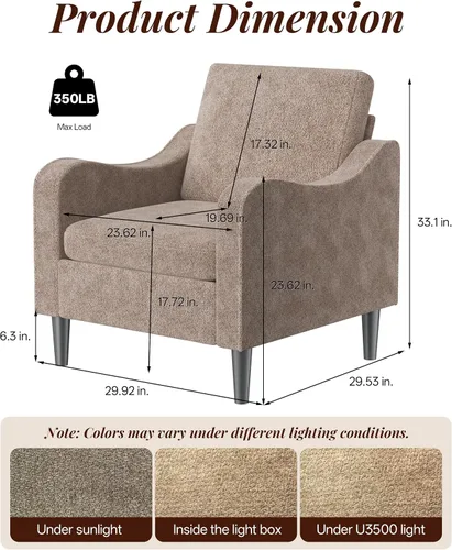 Miniatura 2 de LEVELEVE Silla con brazo Accent – marrón claro, silla de lectura cómoda tapizada para sala de estar, dormitorio, apartamento, sala de espera
