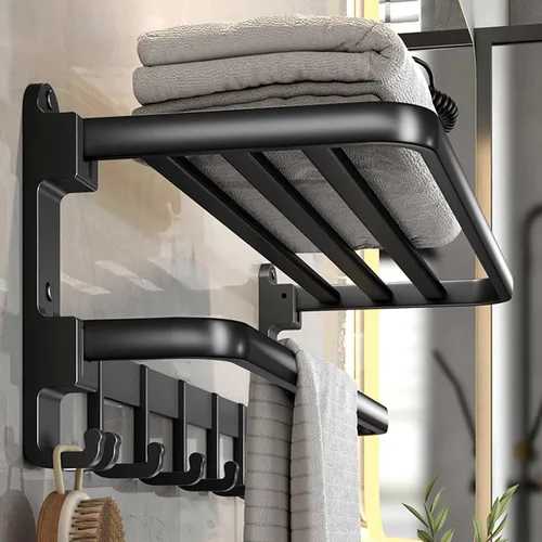 Miniatura 9 de Toallero de pared negro mate, sin taladro ni tornillo, longitud de la ducha de baño, barra de toalla doble de 24 pulgadas con estante para toallas
